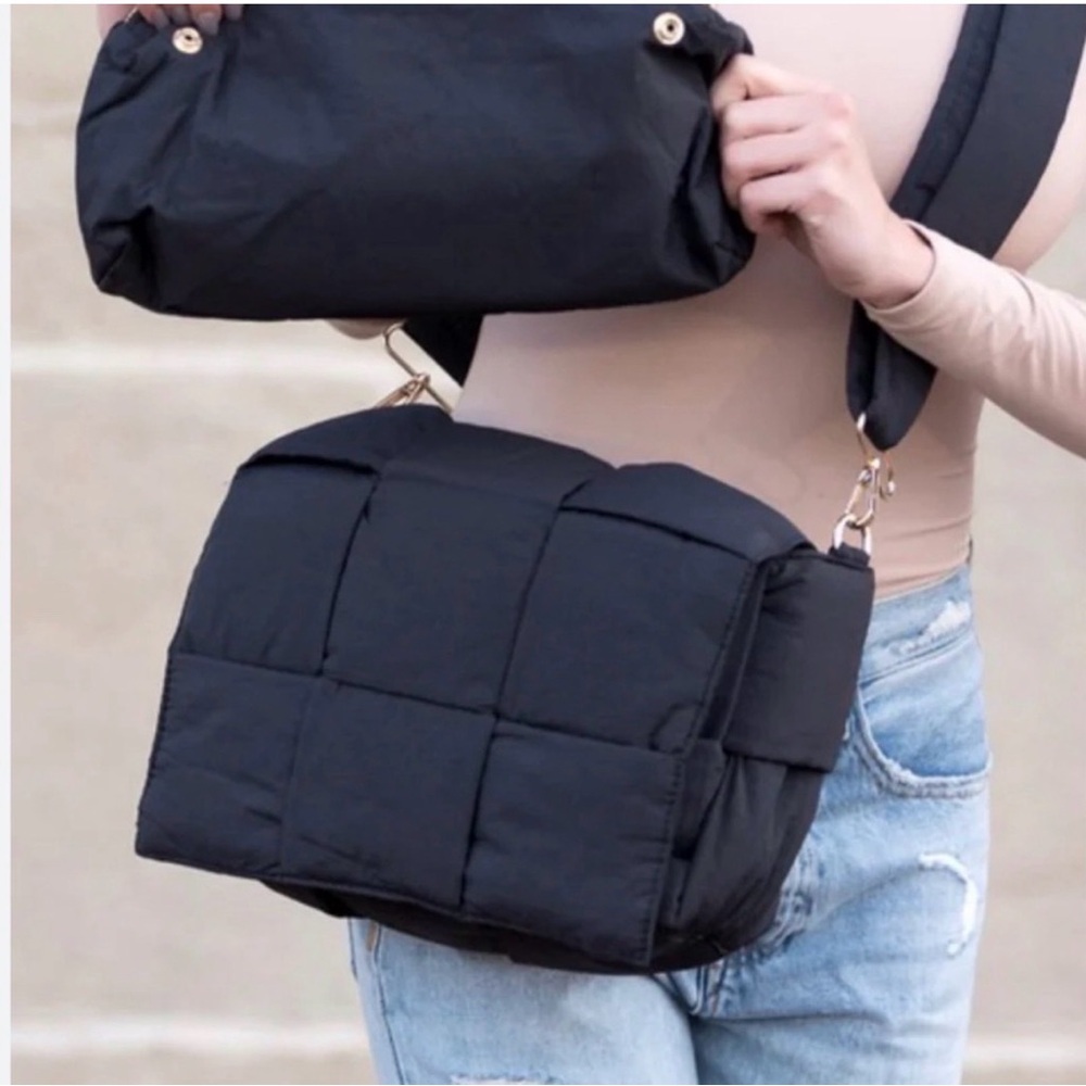 Black Puffer Nylon Quilted Shoulder Crossbody Bag Adjustable Strap Gorpcore Work - Picture 10 of 13
